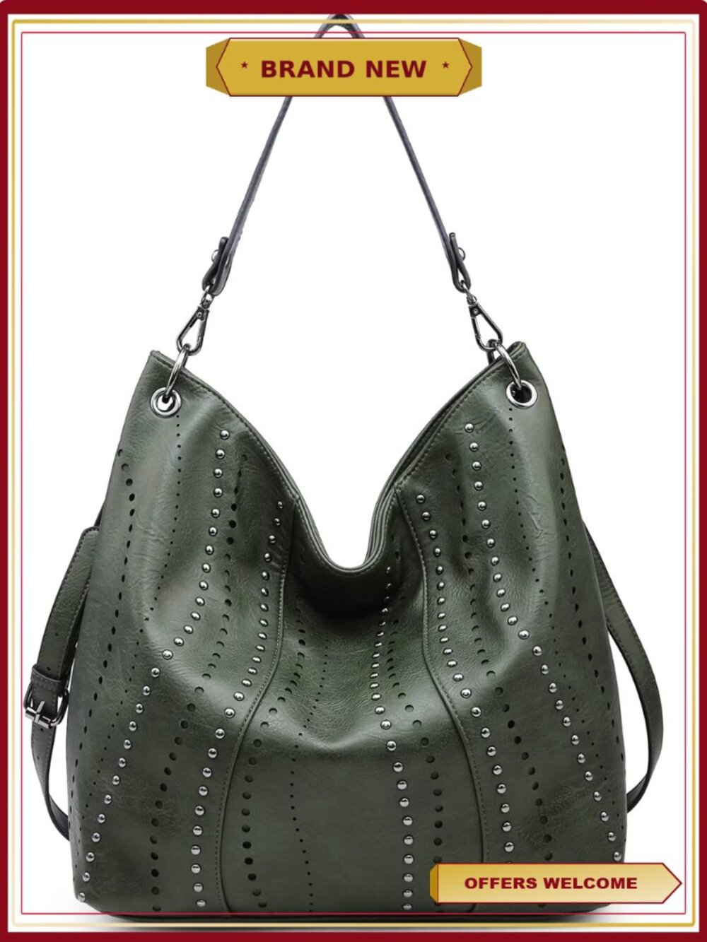 Hobo Shoulder Bag Large Capacity Soft Faux Leather Studded Women